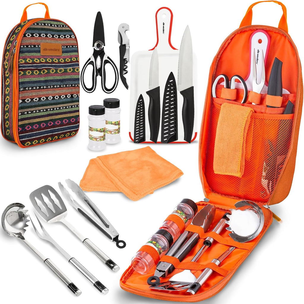 Camp Kitchen Cooking Utensil Set Travel Organizer Grill Accessories Portable Compact Gear for Backpacking BBQ Camping Hiking Travel Cookware Kit Water Resistant Case