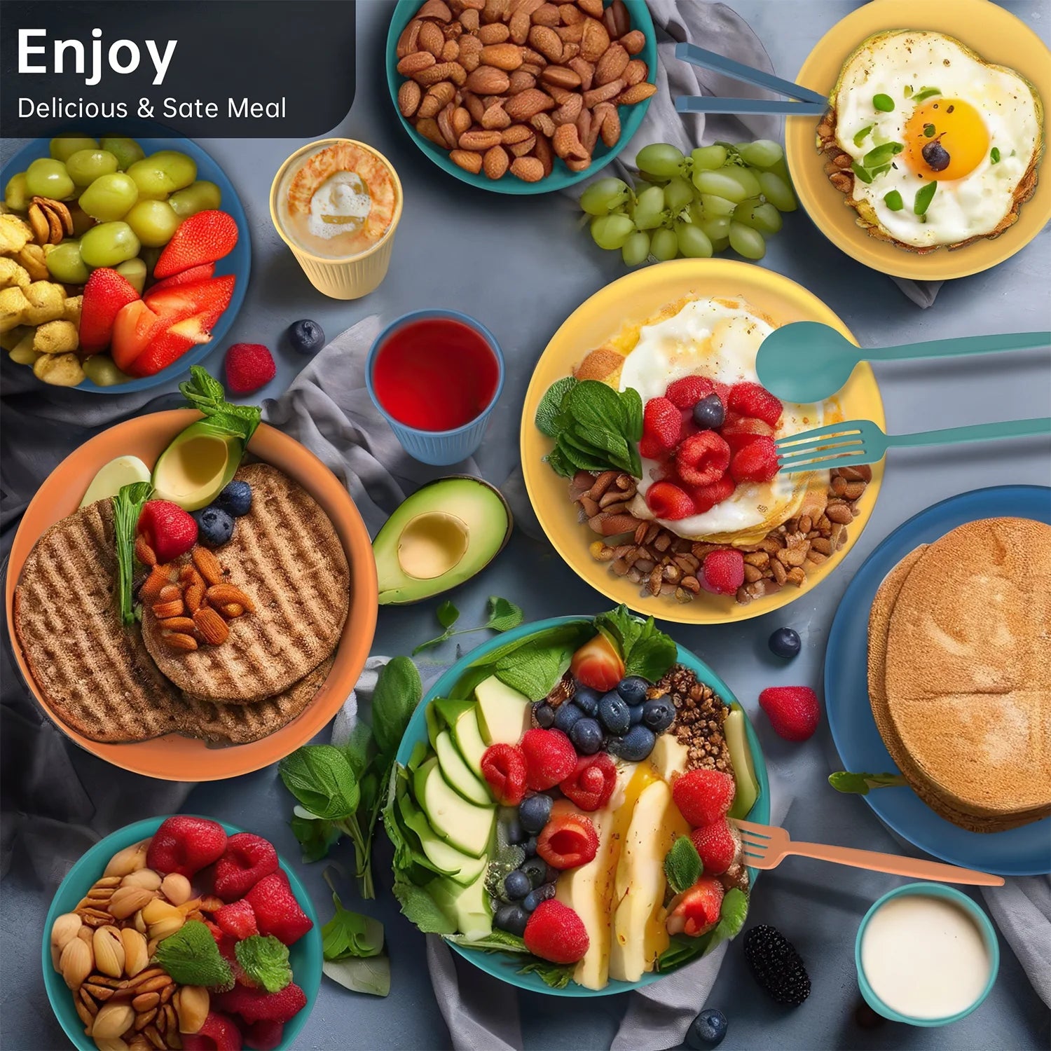48 Pcs Wheat Straw Dinnerware Sets for 4, Unbreakable Dinnerware Sets, Reusable Wheat Straw Plates and Bowls Sets, Travel Camping Cutlery Set, Dishwasher Microwave Safe Dinnerware, Colourful