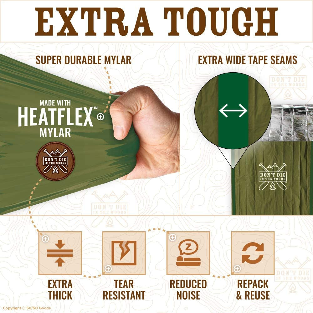 Emergency Sleeping Bag with Hood - Made with Extra Thick Thermal Mylar - 10 Essentials Hiking Camping Blanket, Survival Gear Tactical Car Disaster Bug Out First Aid Kits