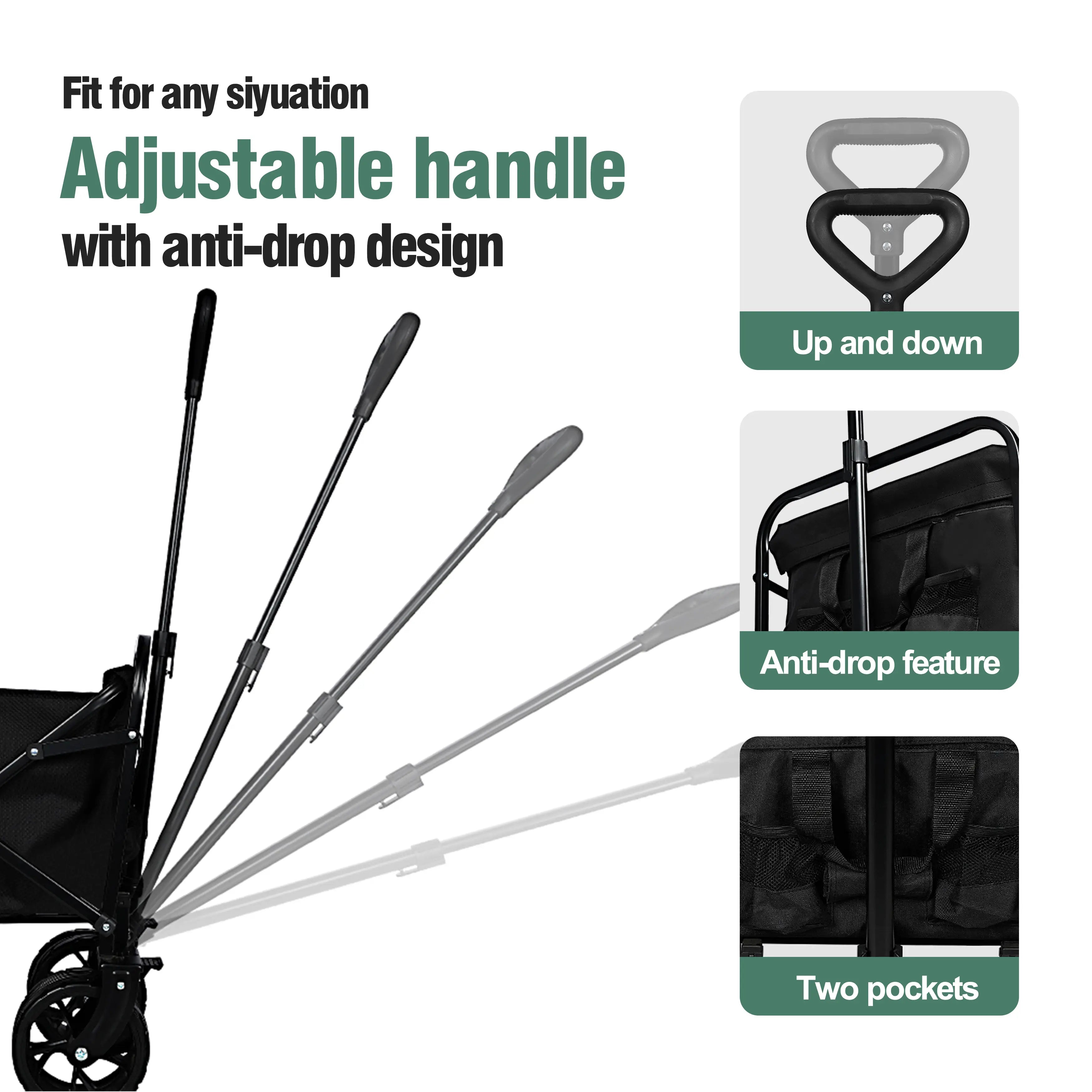 440LBS Collapsible Wagon Cart, Heavy Duty Foldable Beach Wagon for Sand W/ Big Wheels, Portable Folding Utility 600D Oxford Cloth Cart with Cup Holder, Extra Pocket, Black