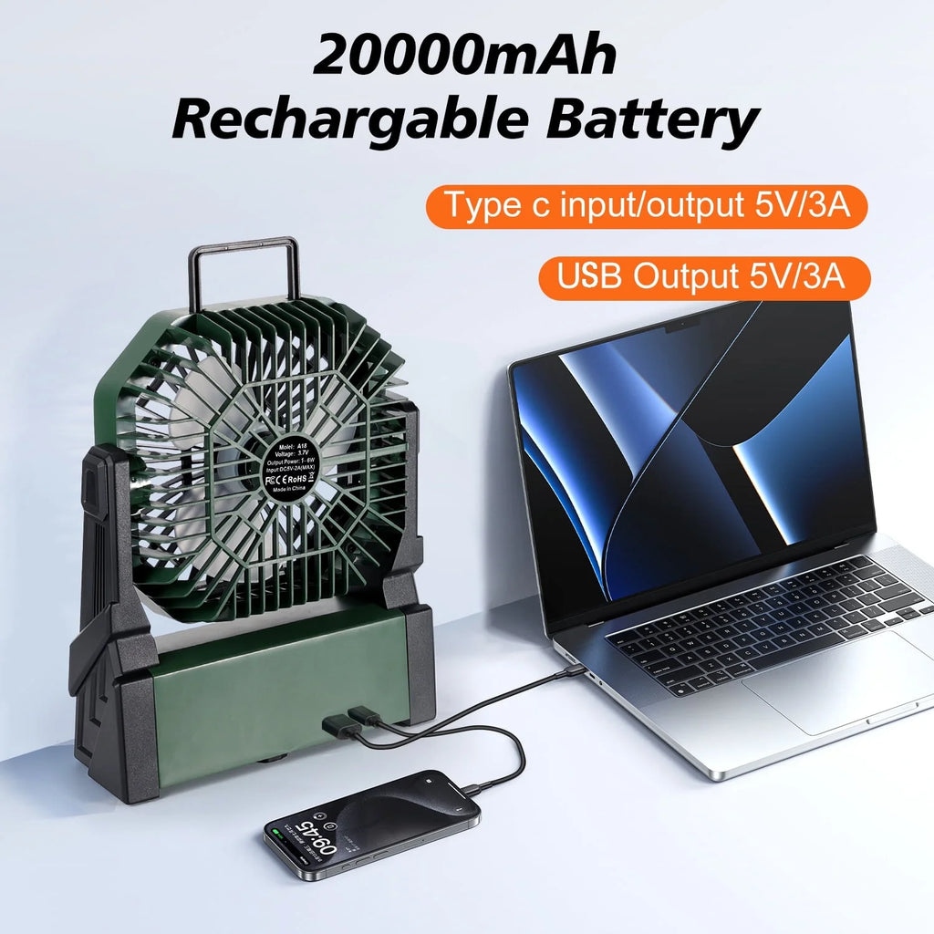 Camping Fan,Portable Fan for Travel, 20000Mah Rechargeable Fan, Battery Operated Fan with Hanging Hook for Tent, Travel, Fishing, Camping
