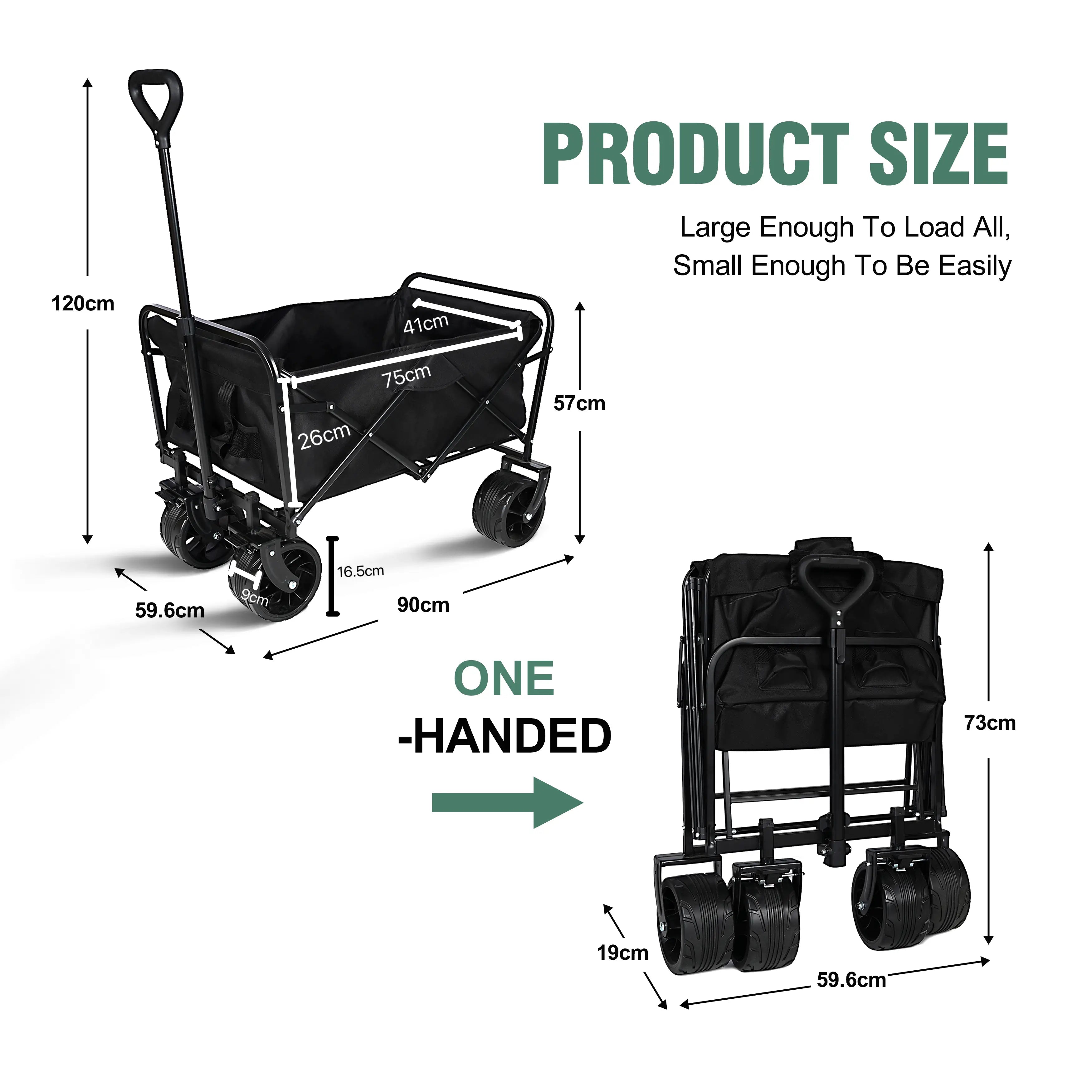440LBS Collapsible Wagon Cart, Heavy Duty Foldable Beach Wagon for Sand W/ Big Wheels, Portable Folding Utility 600D Oxford Cloth Cart with Cup Holder, Extra Pocket, Black