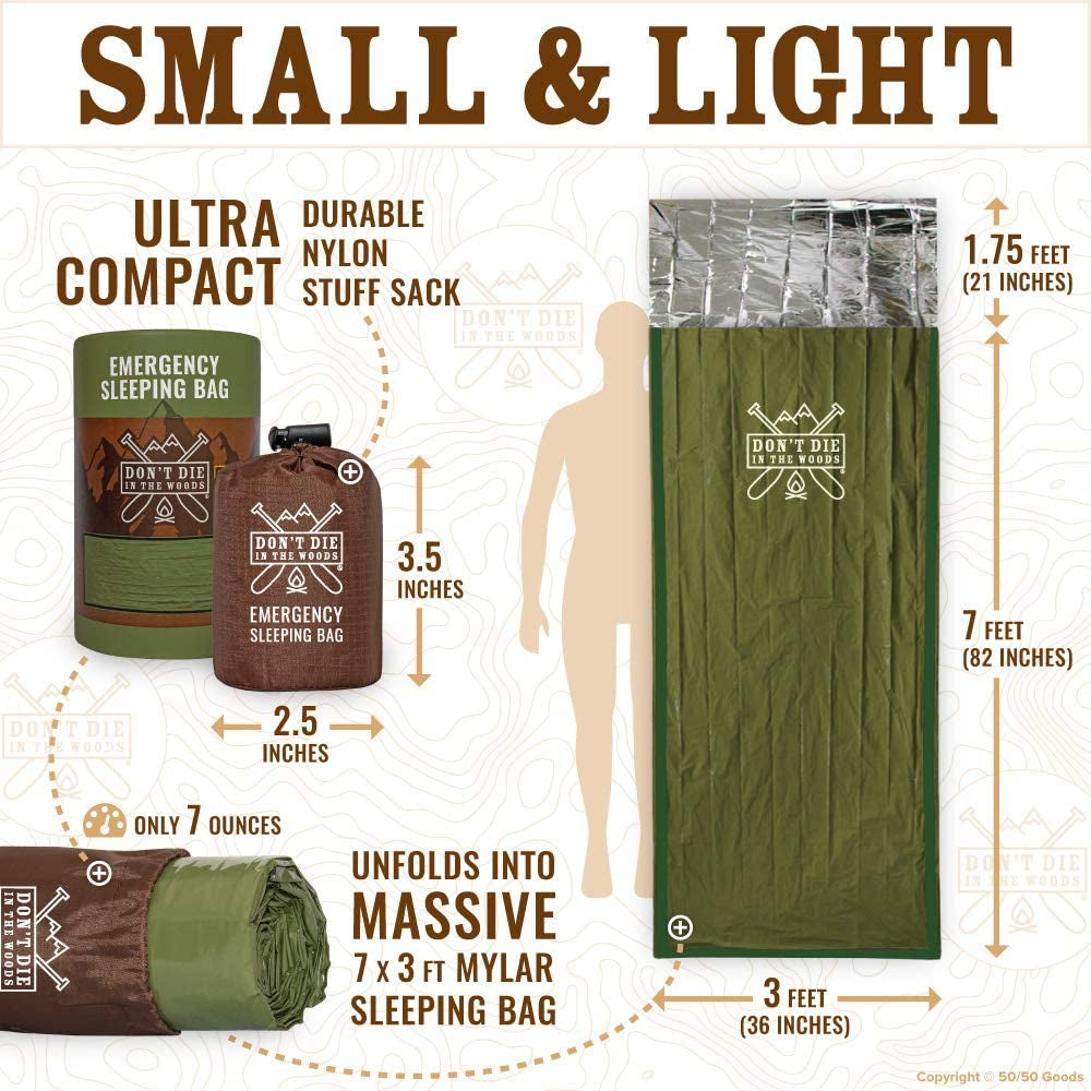 Emergency Sleeping Bag with Hood - Made with Extra Thick Thermal Mylar - 10 Essentials Hiking Camping Blanket, Survival Gear Tactical Car Disaster Bug Out First Aid Kits