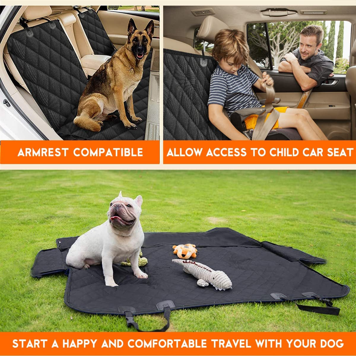 Rear Seat Pet Cover, Back Seat Cover for All Pets,  Car Seat Protector, Waterproof Bench Seat Cover, Non-Slip Seat Cover Fits Middle Armrest for Most Cars Trucks SUVs - Black