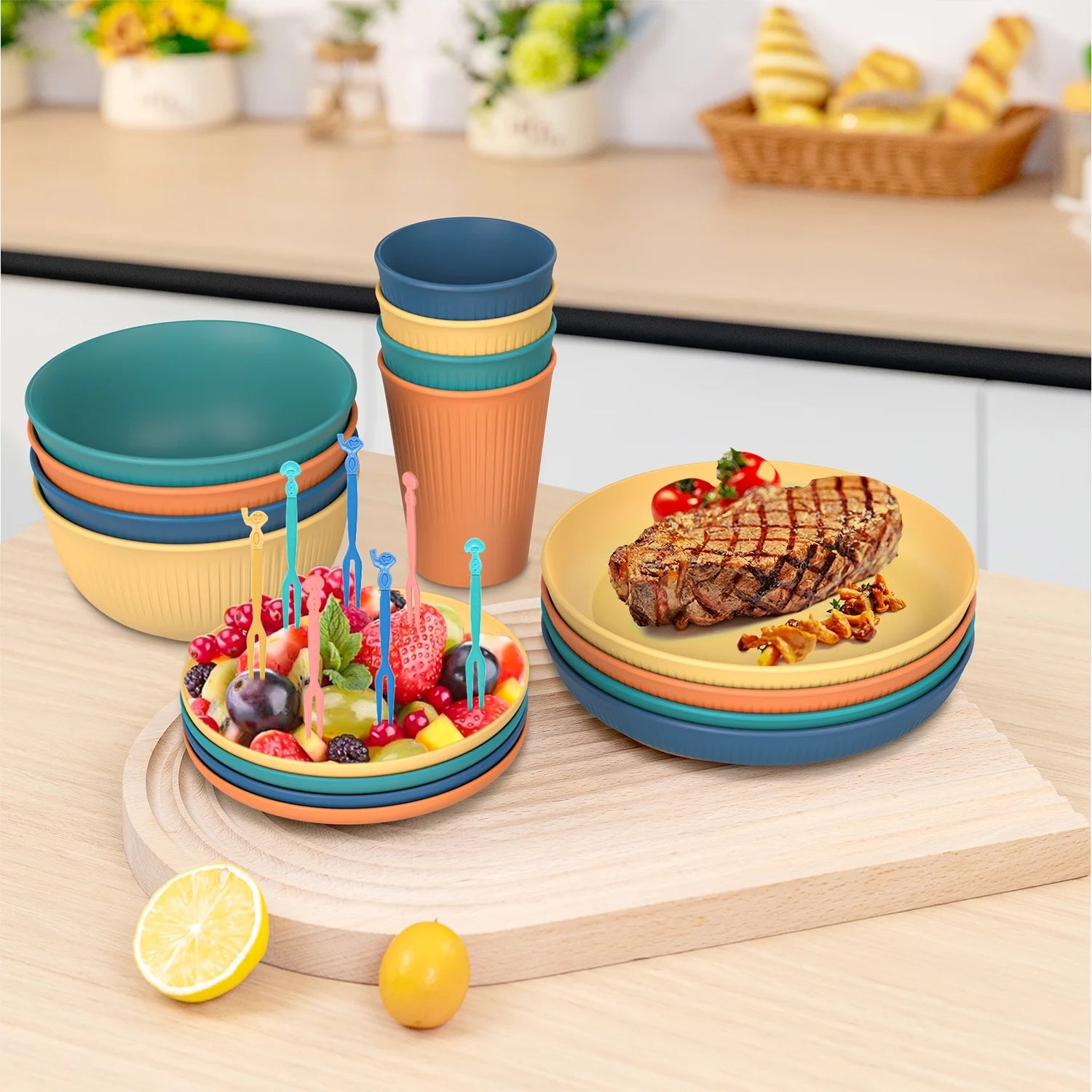 48 Pcs Wheat Straw Dinnerware Sets for 4, Unbreakable Dinnerware Sets, Reusable Wheat Straw Plates and Bowls Sets, Travel Camping Cutlery Set, Dishwasher Microwave Safe Dinnerware, Colourful