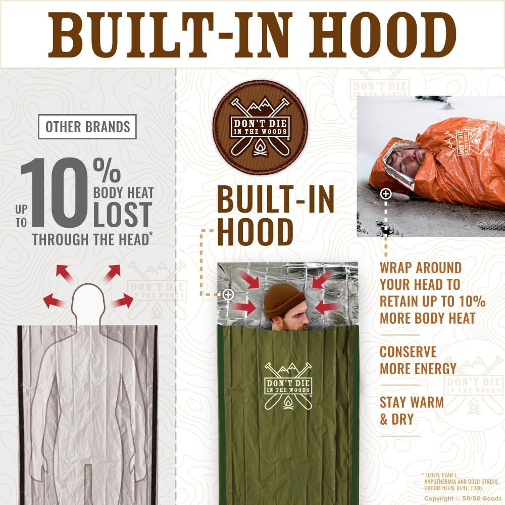 Emergency Sleeping Bag with Hood - Made with Extra Thick Thermal Mylar - 10 Essentials Hiking Camping Blanket, Survival Gear Tactical Car Disaster Bug Out First Aid Kits