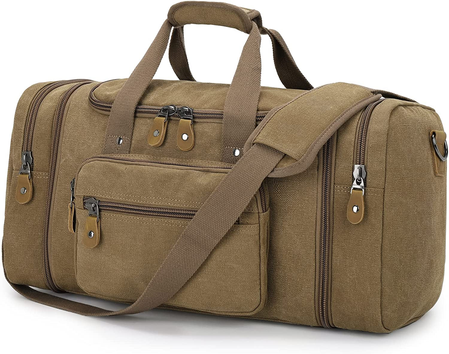 Large Canvas Duffle Bag for Travel, Overnight Weekend Bag (Coffee)