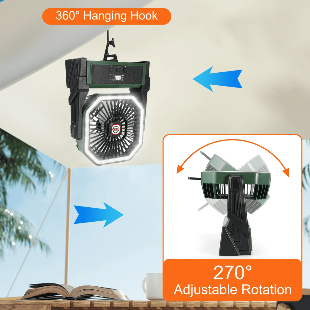 Camping Fan,Portable Fan for Travel, 20000Mah Rechargeable Fan, Battery Operated Fan with Hanging Hook for Tent, Travel, Fishing, Camping