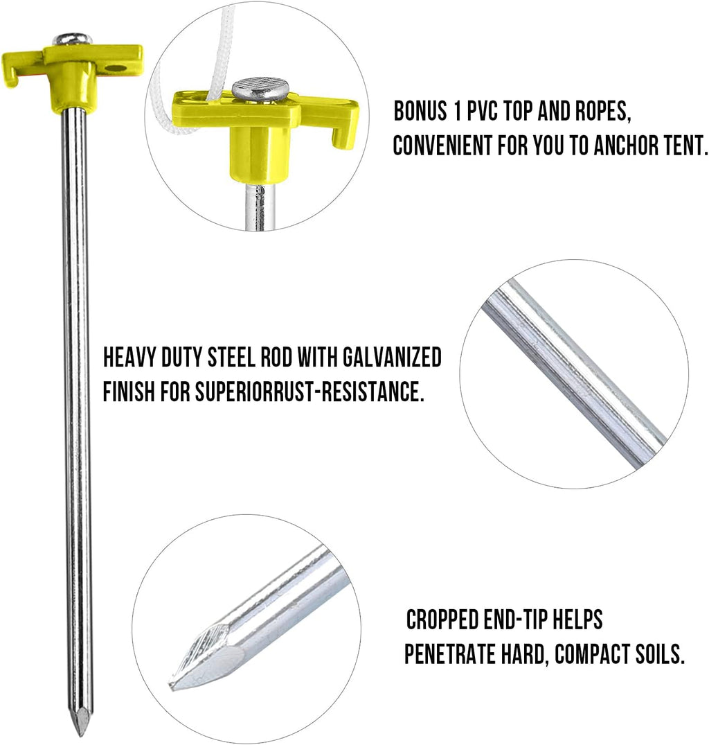 8 Inch Tent Stakes 10 Pcs Non-Rust Metal Ground Anchors, Heavy Duty Spikes with 4 Ropes for Outdoor Camping, Yellow