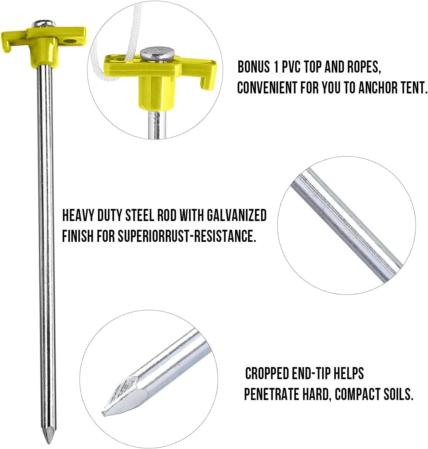 8 Inch Tent Stakes 10 Pcs Non-Rust Metal Ground Anchors, Heavy Duty Spikes with 4 Ropes for Outdoor Camping, Yellow