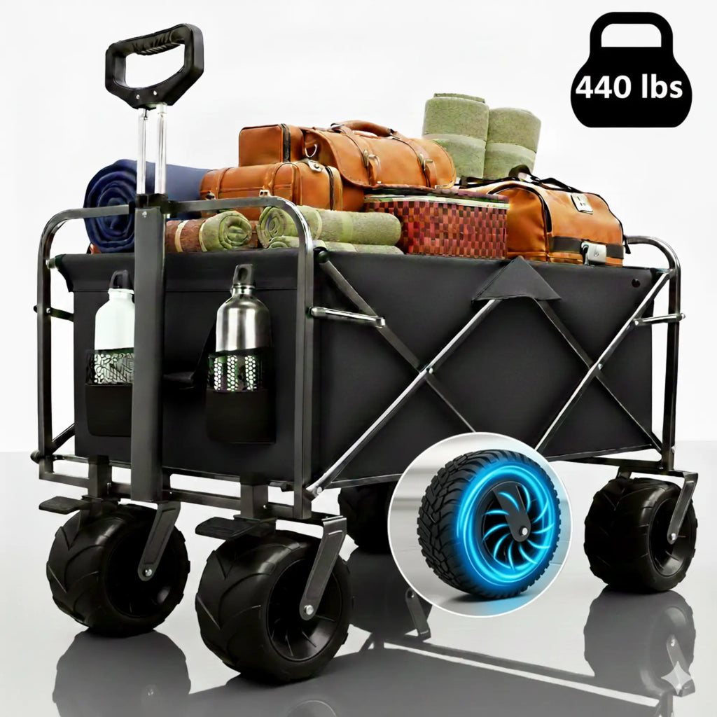 440LBS Collapsible Wagon Cart, Heavy Duty Foldable Beach Wagon for Sand W/ Big Wheels, Portable Folding Utility 600D Oxford Cloth Cart with Cup Holder, Extra Pocket, Black