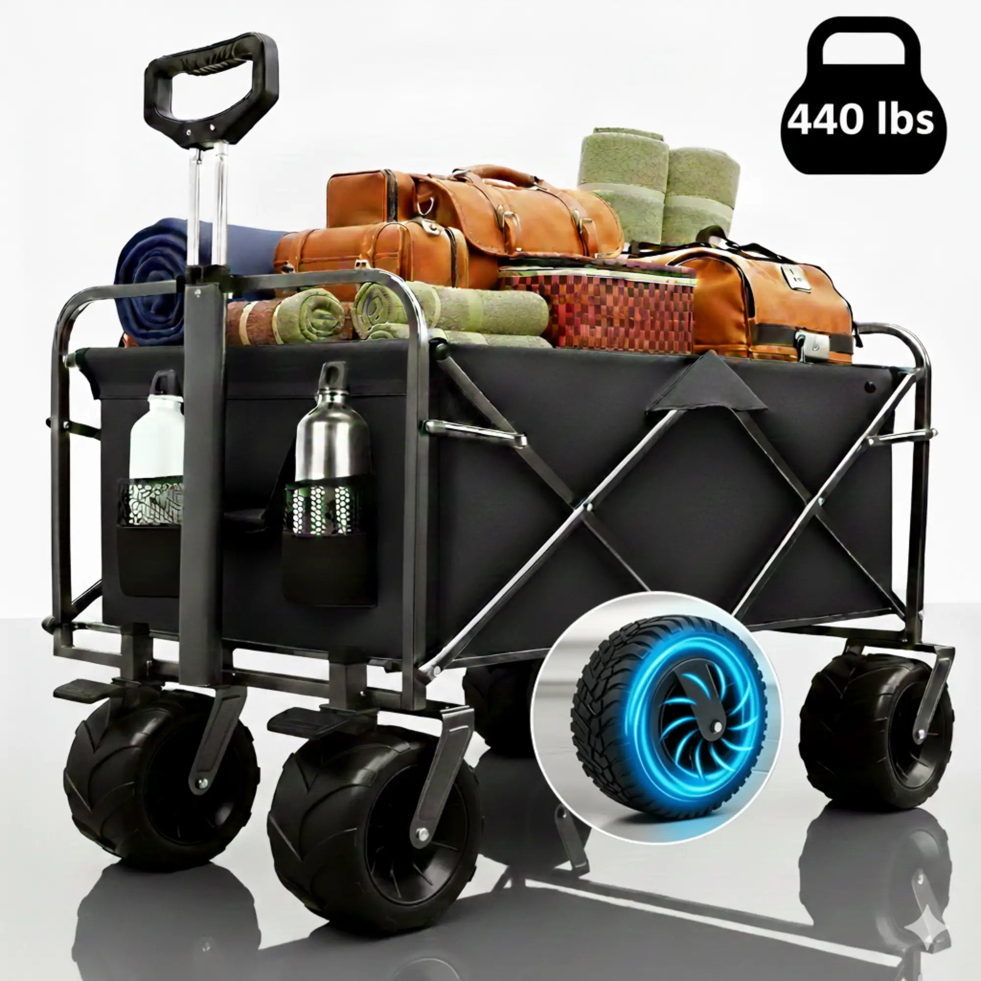 440LBS Collapsible Wagon Cart, Heavy Duty Foldable Beach Wagon for Sand W/ Big Wheels, Portable Folding Utility 600D Oxford Cloth Cart with Cup Holder, Extra Pocket, Black
