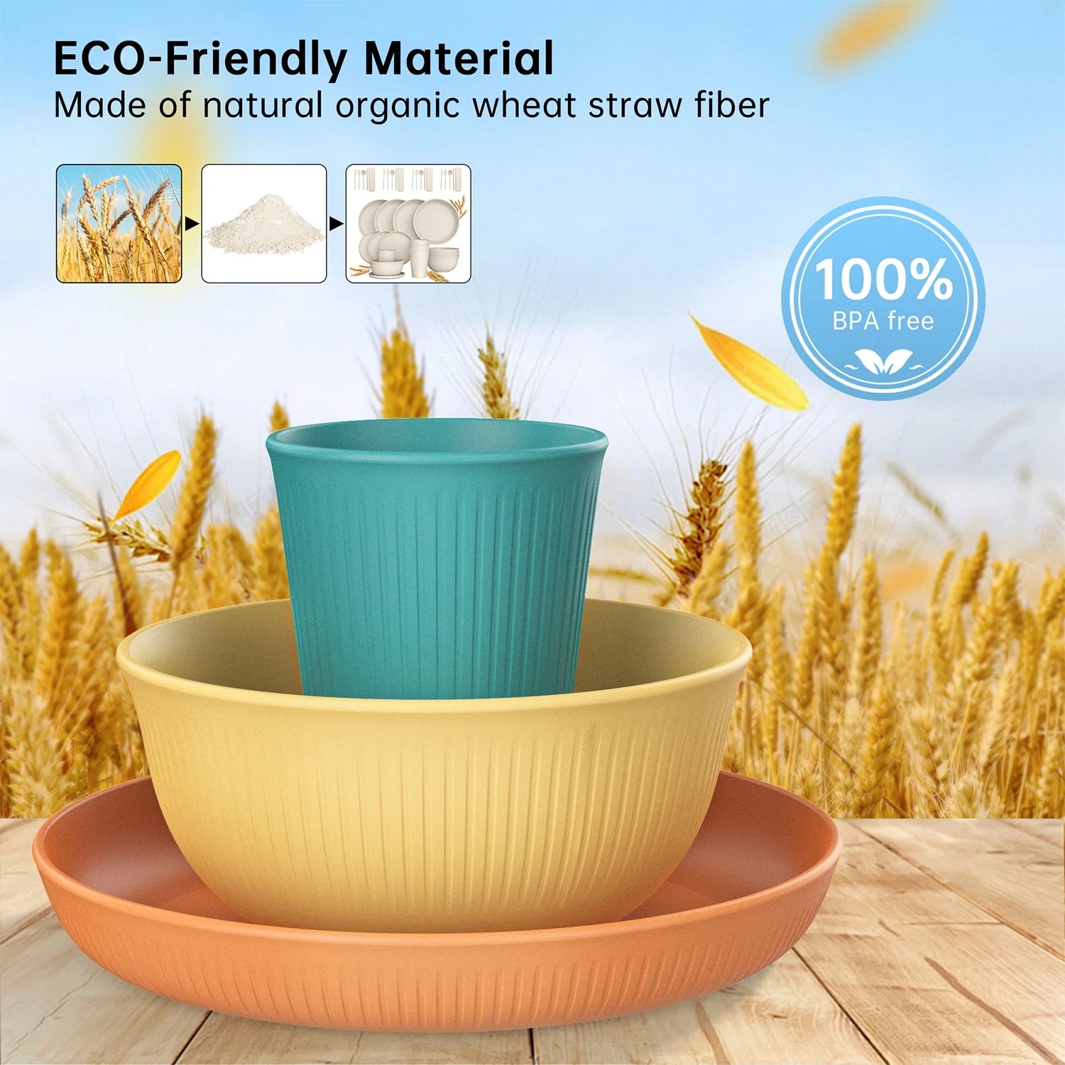 48 Pcs Wheat Straw Dinnerware Sets for 4, Unbreakable Dinnerware Sets, Reusable Wheat Straw Plates and Bowls Sets, Travel Camping Cutlery Set, Dishwasher Microwave Safe Dinnerware, Colourful