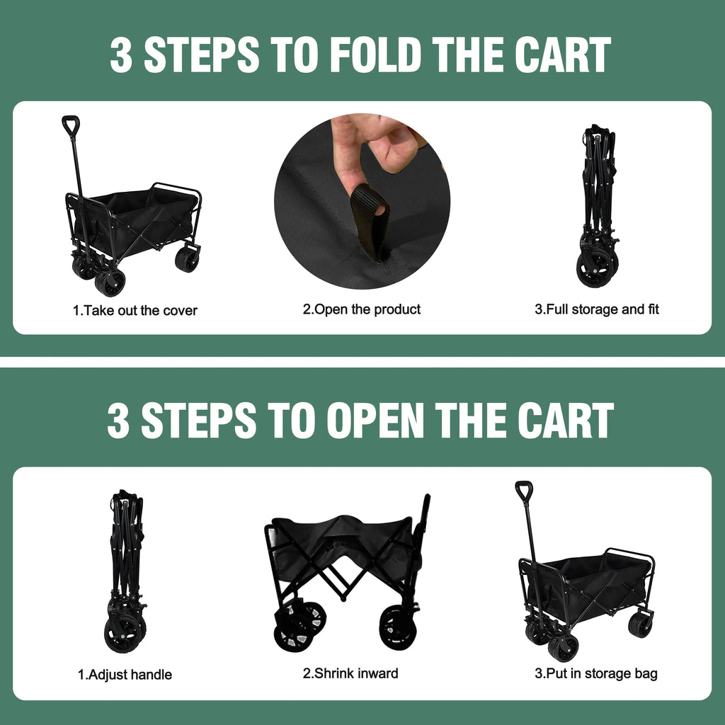 440LBS Collapsible Wagon Cart, Heavy Duty Foldable Beach Wagon for Sand W/ Big Wheels, Portable Folding Utility 600D Oxford Cloth Cart with Cup Holder, Extra Pocket, Black
