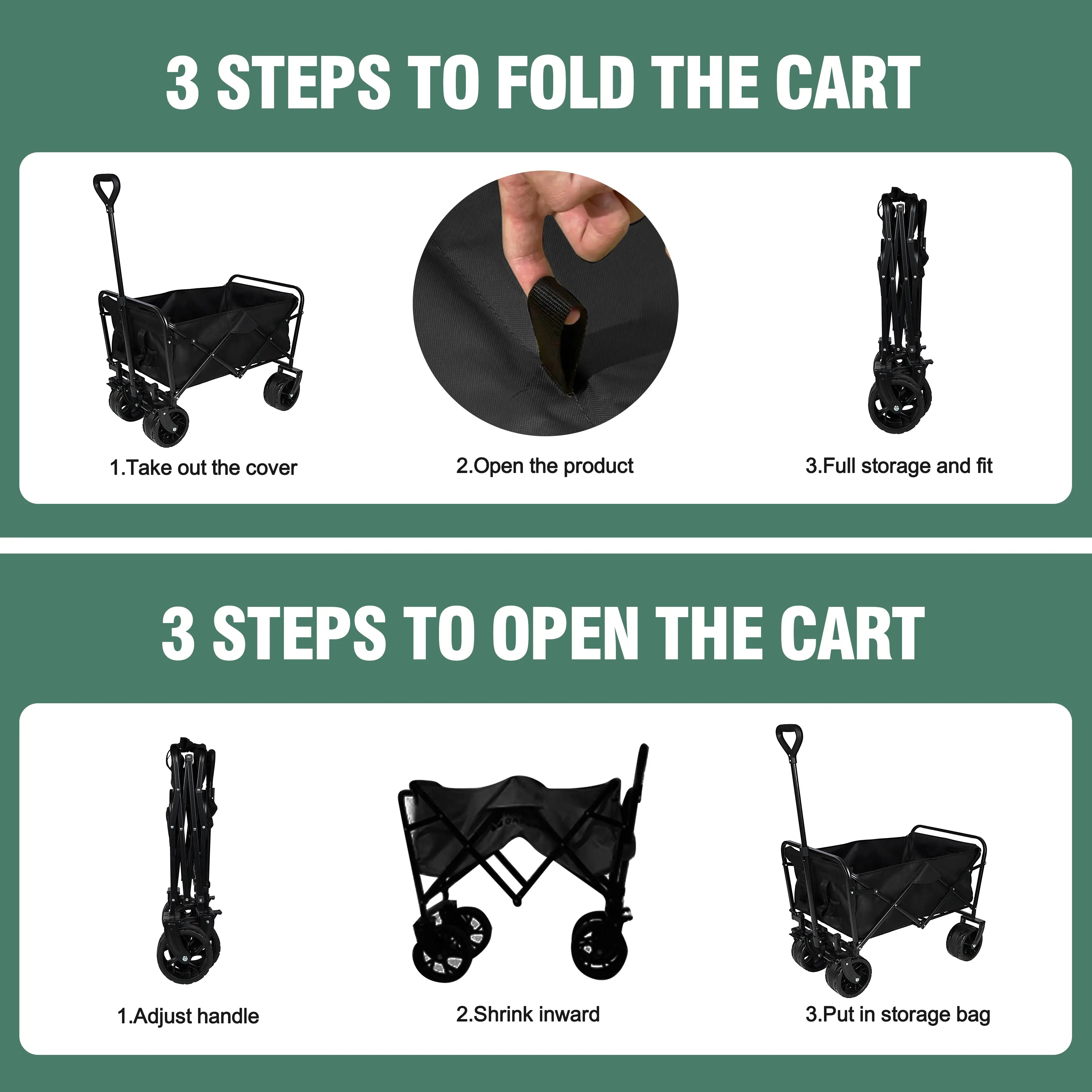 440LBS Collapsible Wagon Cart, Heavy Duty Foldable Beach Wagon for Sand W/ Big Wheels, Portable Folding Utility 600D Oxford Cloth Cart with Cup Holder, Extra Pocket, Black