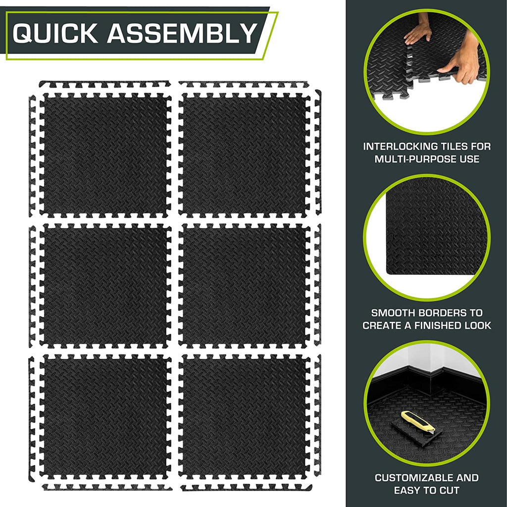 Padded Puzzle Mat ½-Inch, EVA Interlocking Foam Floor Tiles for Tent Flooring, Camping Insulation, Kids Play Areas, Black, 24 SQ FT - 6 Tiles