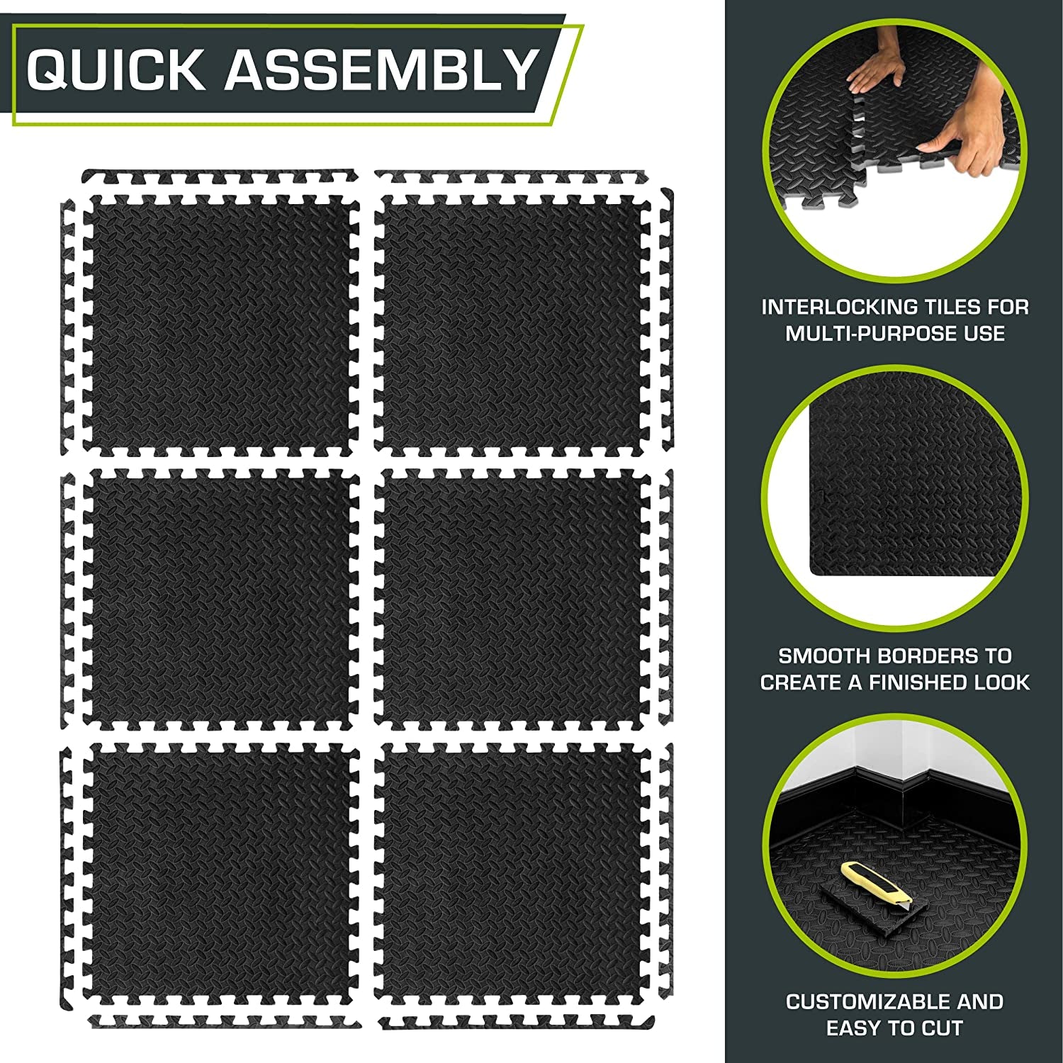 Padded Puzzle Mat ½-Inch, EVA Interlocking Foam Floor Tiles for Tent Flooring, Camping Insulation, Kids Play Areas, Black, 24 SQ FT - 6 Tiles