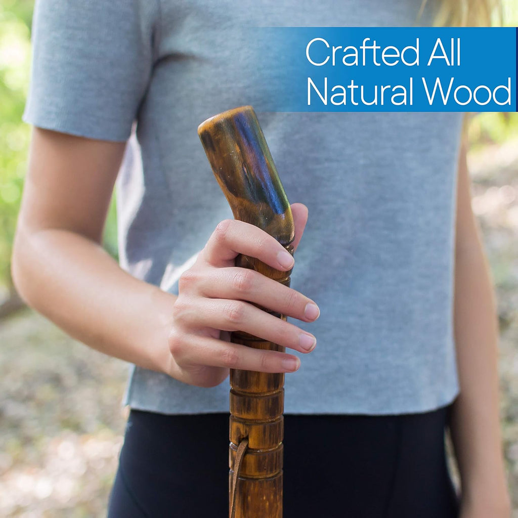 Nature Wood Walking Stick - Wooden Hiking Stick and Trekking Pole with Leather Wrist Strap