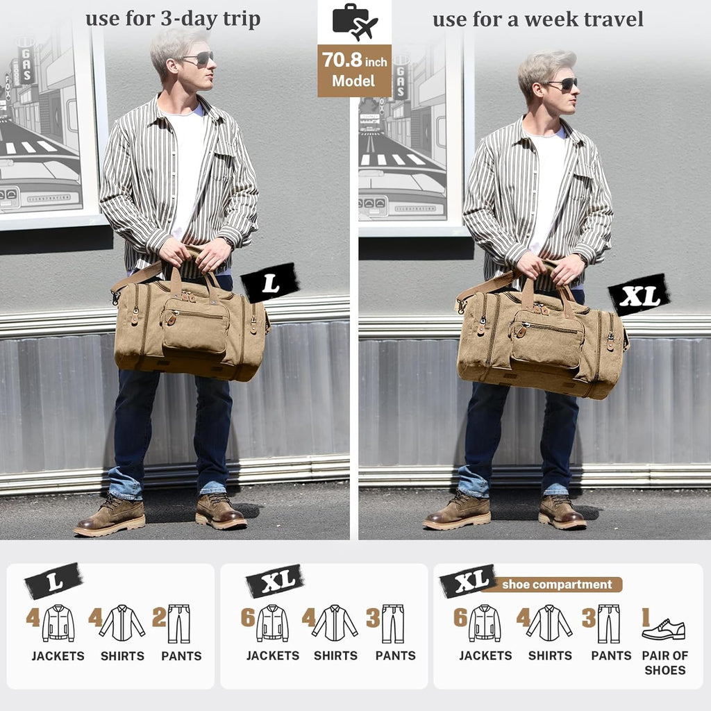 Large Canvas Duffle Bag for Travel, Overnight Weekend Bag (Coffee)