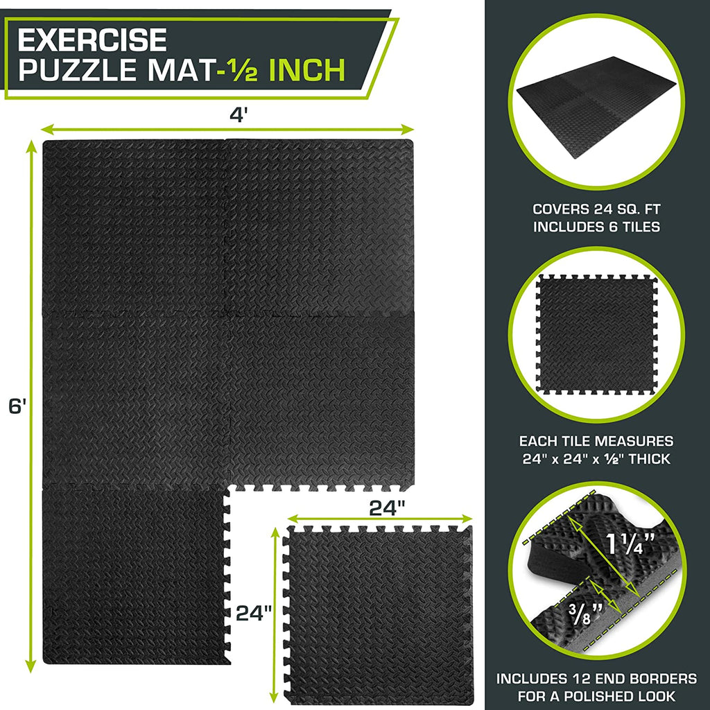 Padded Puzzle Mat ½-Inch, EVA Interlocking Foam Floor Tiles for Tent Flooring, Camping Insulation, Kids Play Areas, Black, 24 SQ FT - 6 Tiles