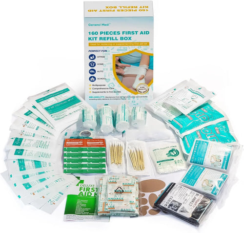 160 Piece First Aid Kit Refill - Portable Replacement Medical Supplies, Basic Outdoor Essentials Survival Kit, for Car, Camping, Home or Business