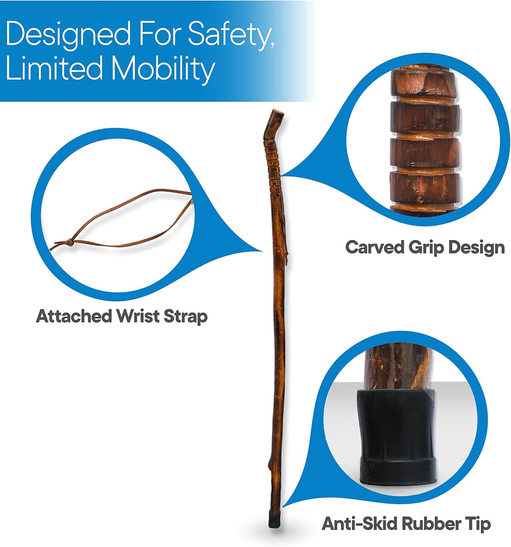 Nature Wood Walking Stick - Wooden Hiking Stick and Trekking Pole with Leather Wrist Strap