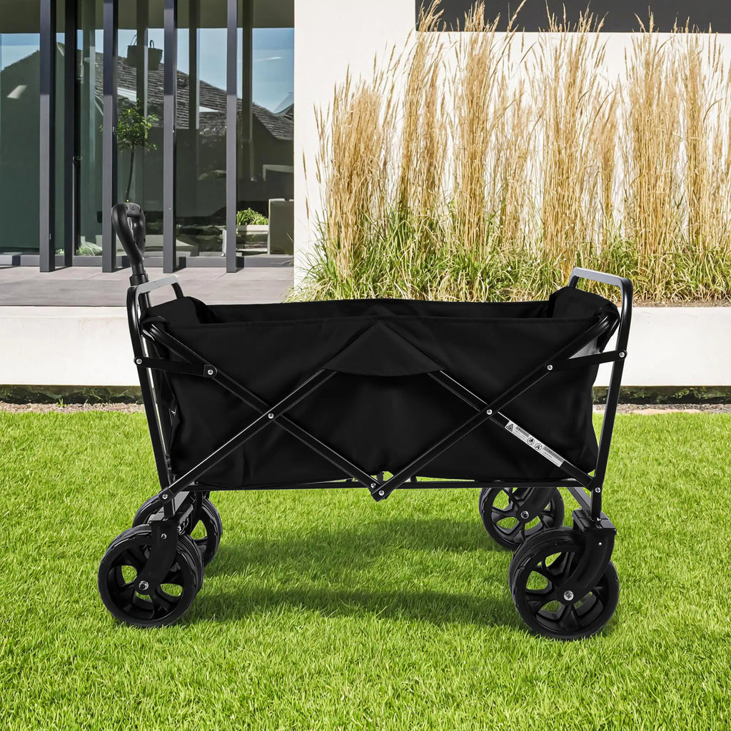 440LBS Collapsible Wagon Cart, Heavy Duty Foldable Beach Wagon for Sand W/ Big Wheels, Portable Folding Utility 600D Oxford Cloth Cart with Cup Holder, Extra Pocket, Black