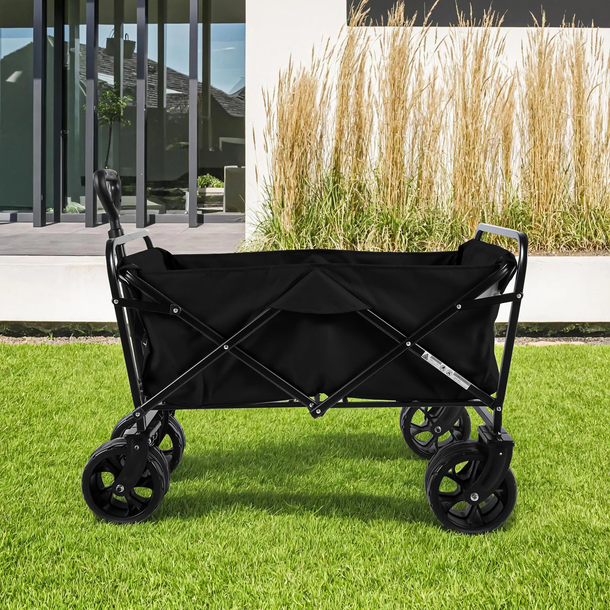 440LBS Collapsible Wagon Cart, Heavy Duty Foldable Beach Wagon for Sand W/ Big Wheels, Portable Folding Utility 600D Oxford Cloth Cart with Cup Holder, Extra Pocket, Black