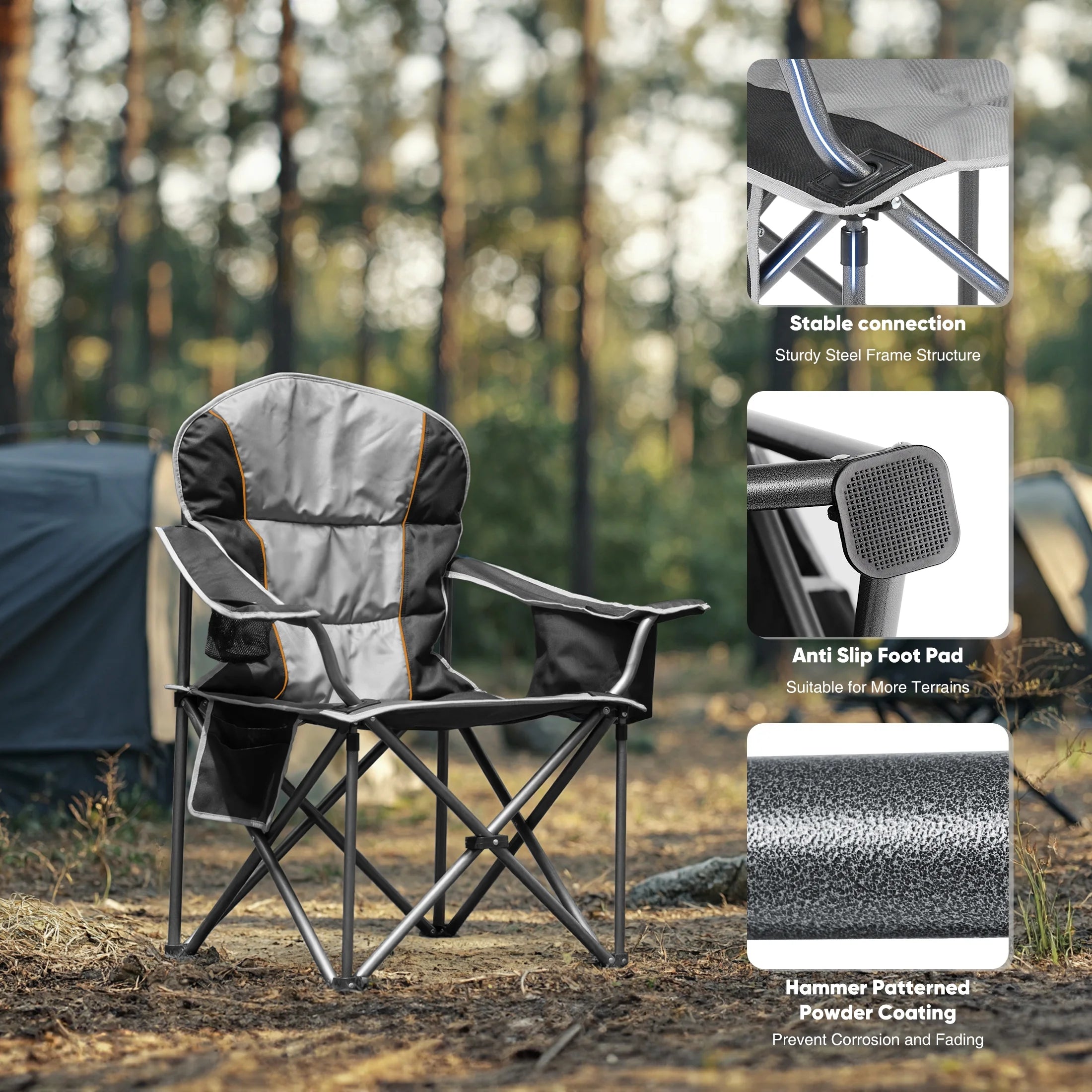 Heavy-Duty Outdoor Folding Chair – Oversized Comfort with 300-500 Lbs Support, Cushioned Back & Arms, Collapsible Design with Cup Holder for Camping, Sports & Backyard Relaxing