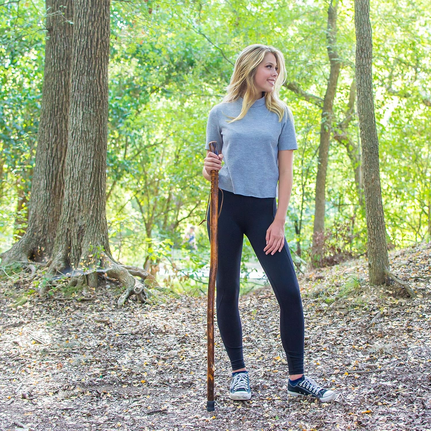 Nature Wood Walking Stick - Wooden Hiking Stick and Trekking Pole with Leather Wrist Strap