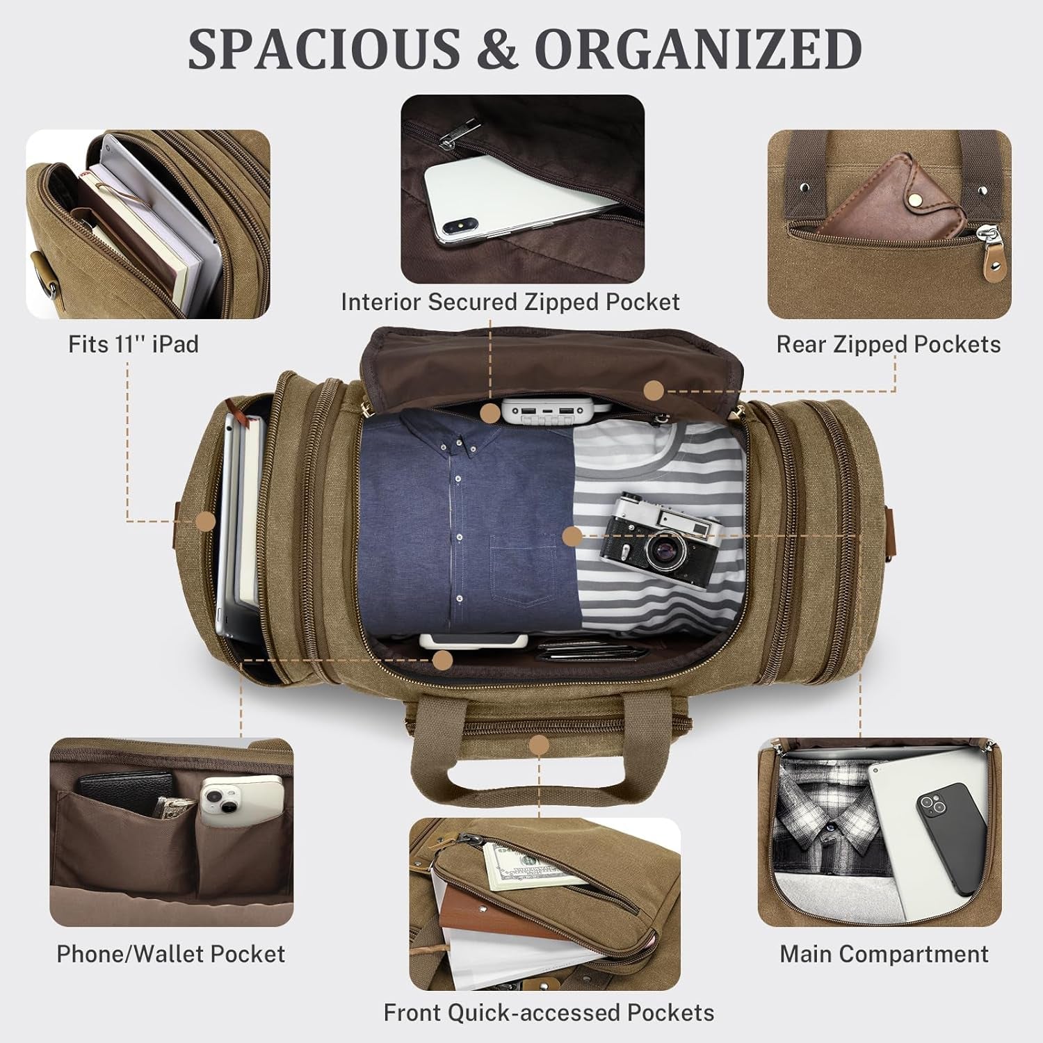 Large Canvas Duffle Bag for Travel, Overnight Weekend Bag (Coffee)