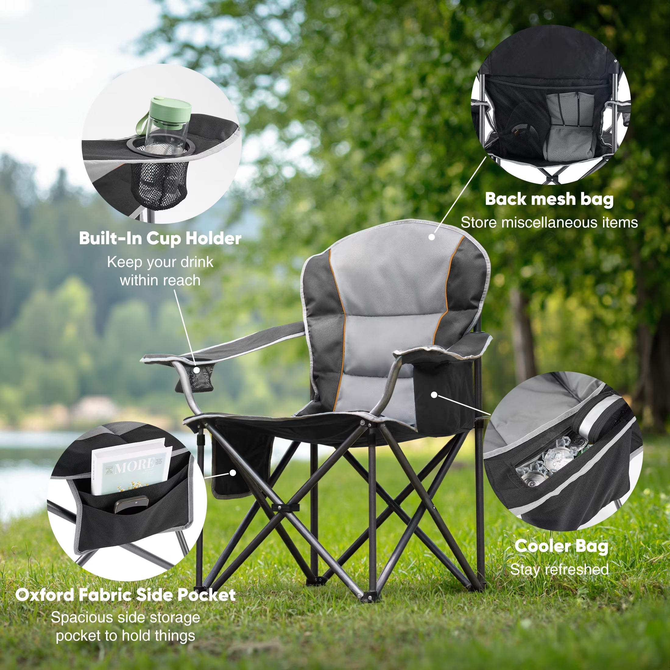 Heavy-Duty Outdoor Folding Chair – Oversized Comfort with 300-500 Lbs Support, Cushioned Back & Arms, Collapsible Design with Cup Holder for Camping, Sports & Backyard Relaxing